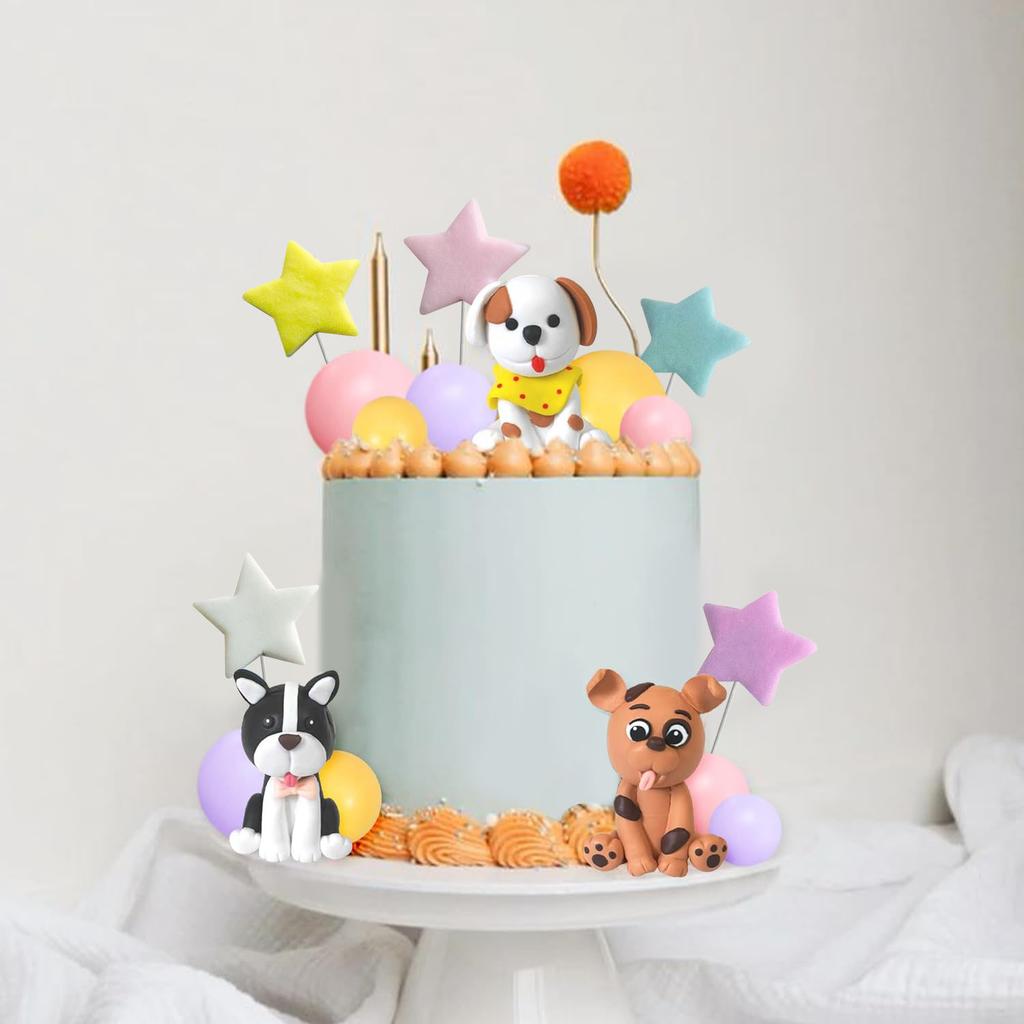 Dog Cake Topper Clay Figurines Puppy Star Yellow Pink Purple Ball Cake Topper for Dog Theme Birthday Dog Pet Party Supplies