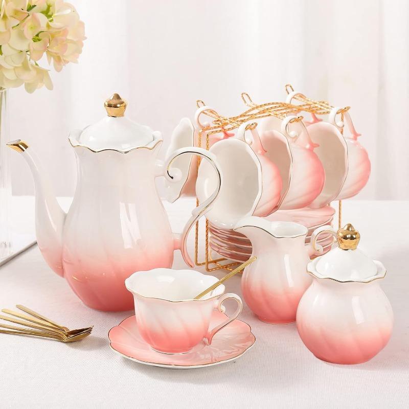 

22 pcs Porcelain Tea Set for 6, Luxury British Style Tea/Coffee Cup Set with Golden Trim, Beautiful Tea Set for Women other белый