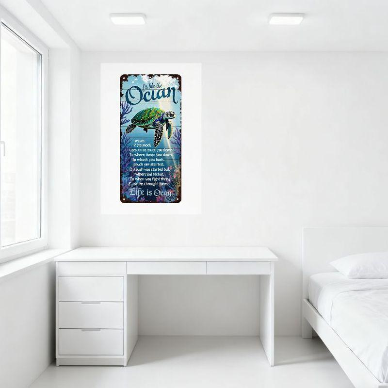 Vintage Coastal Life Is Ocean Tin Sign Rustic Wooden Texture Sea Turtle & Waves Quote Plaque for Home Decor, Man Cave, Bar, Cafe