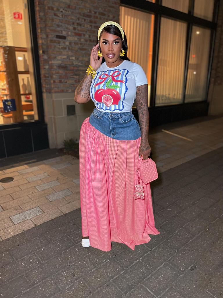 European & American Women's Sexy Fashion T-shirt and Denim Patchwork High-Waist Split Plaid Skirt Set