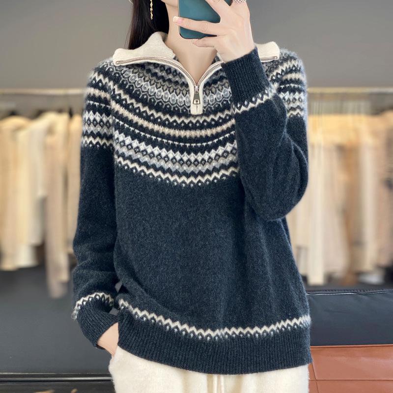 Women's Retro Fair Isle Wool Sweater - Autumn/Winter Loose Knit Outerwear