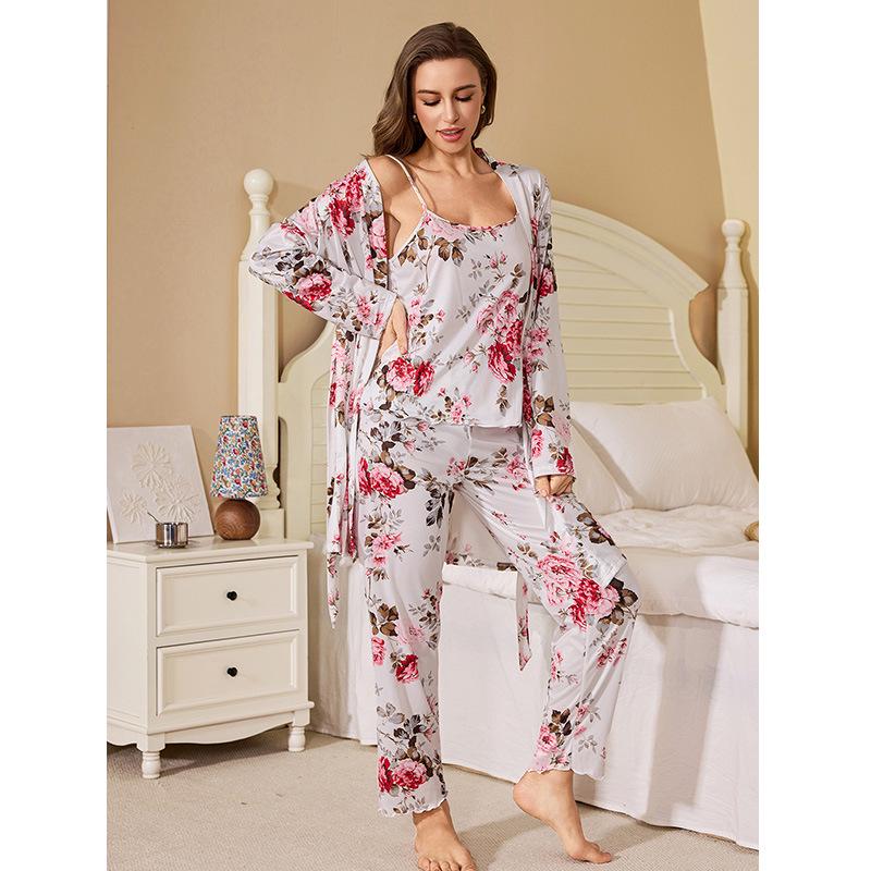 Three-Piece Pajama Set: Robe, Long Pants & Camisole In European & American Sizes