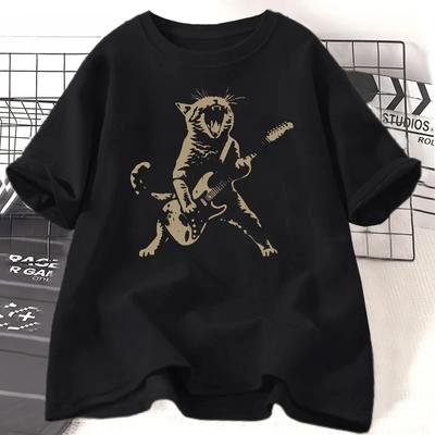 Camiseta Gato Rockeiro Tocando Guitarra Feminina Camiseta Engraçada de Gato Guitarrista Casual Manga Curta Gola O Camisetas Streetwear