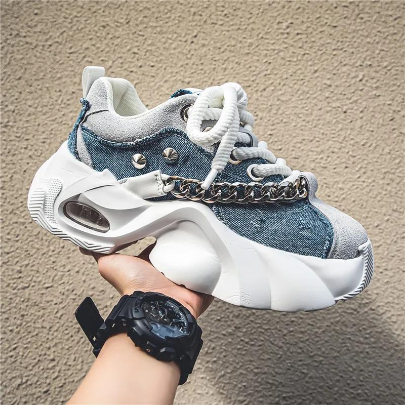 

Men Spring Autumn Sneakers Men s Shoes Autumn New Trendy Thick Soled Height Increasing Wear resistant Metal Chain Tie Comfort Rivet 41