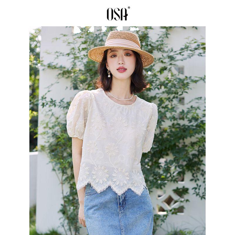 

OSA Вышивка Оуша Стильный скрадывающий живот Короткий рукав Meters apricot A M