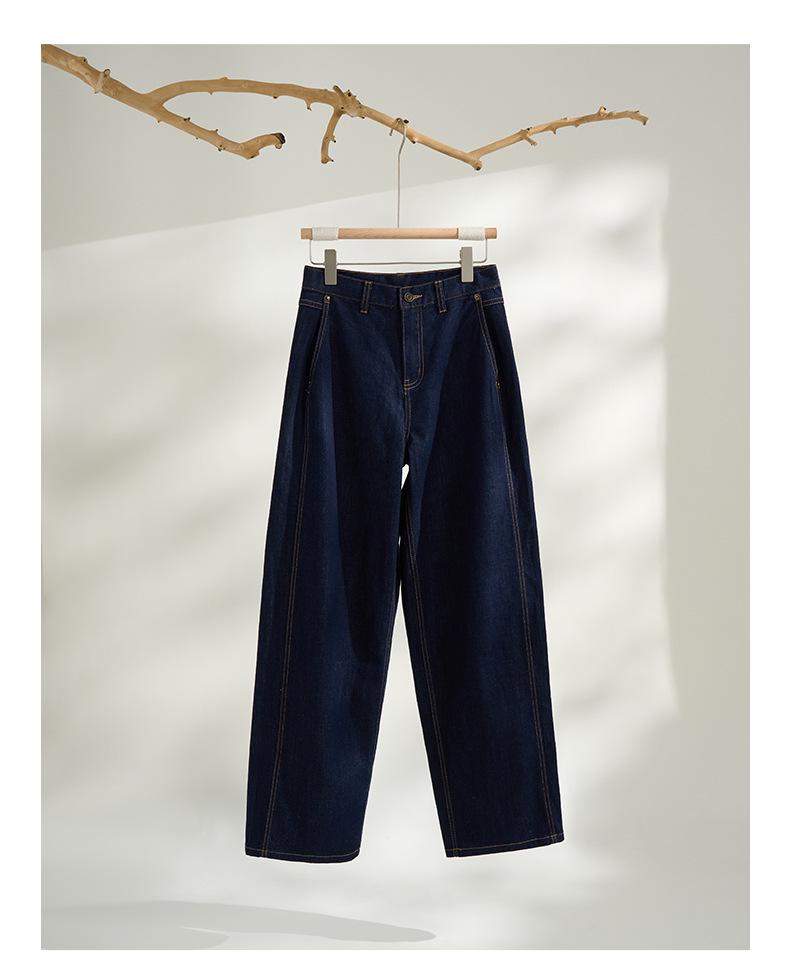 Women's Dark Blue High Waist Wide Leg Jeans - Retro Washed Floor-Length Cotton Pants for Autumn
