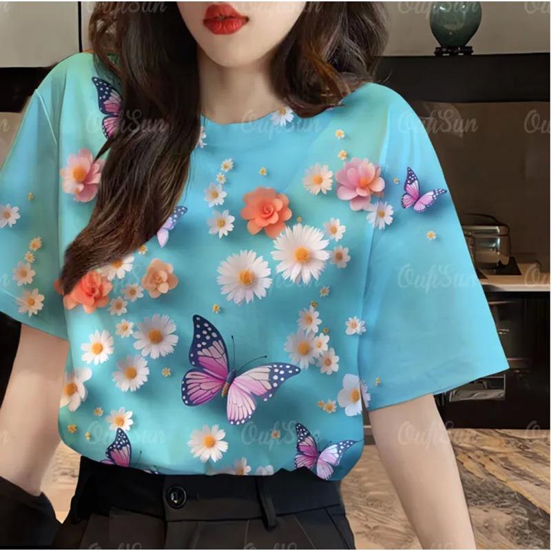 3D Floral Print Trendy T-Shirt 2XS