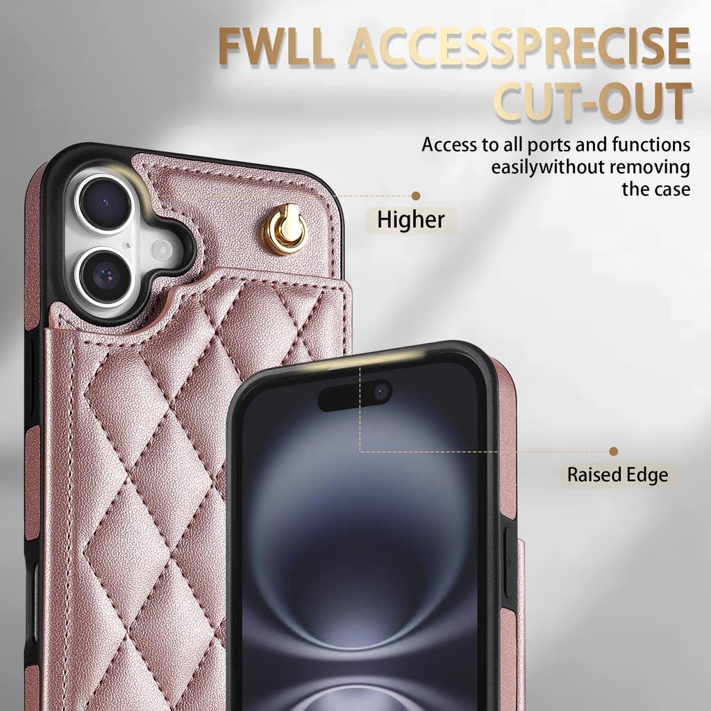 Plush Plaid Card Holder Phone Case for Apple 16 with Lanyard - Full Coverage, Luxury Style