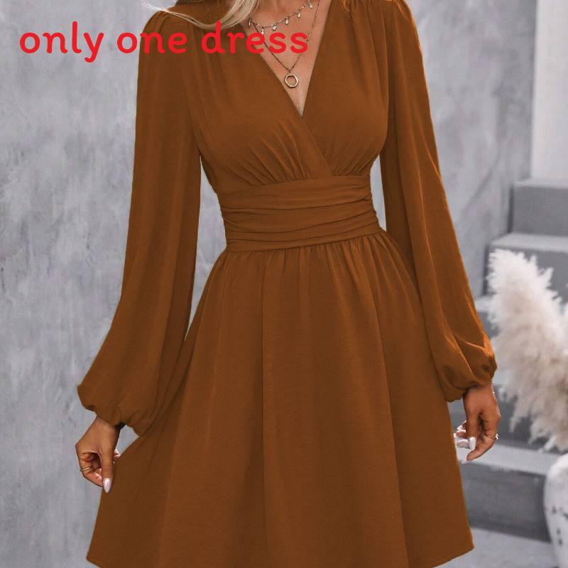 Polyester Vneck Lantern Sleeve Dress With Pleats For Casual And Party Wear