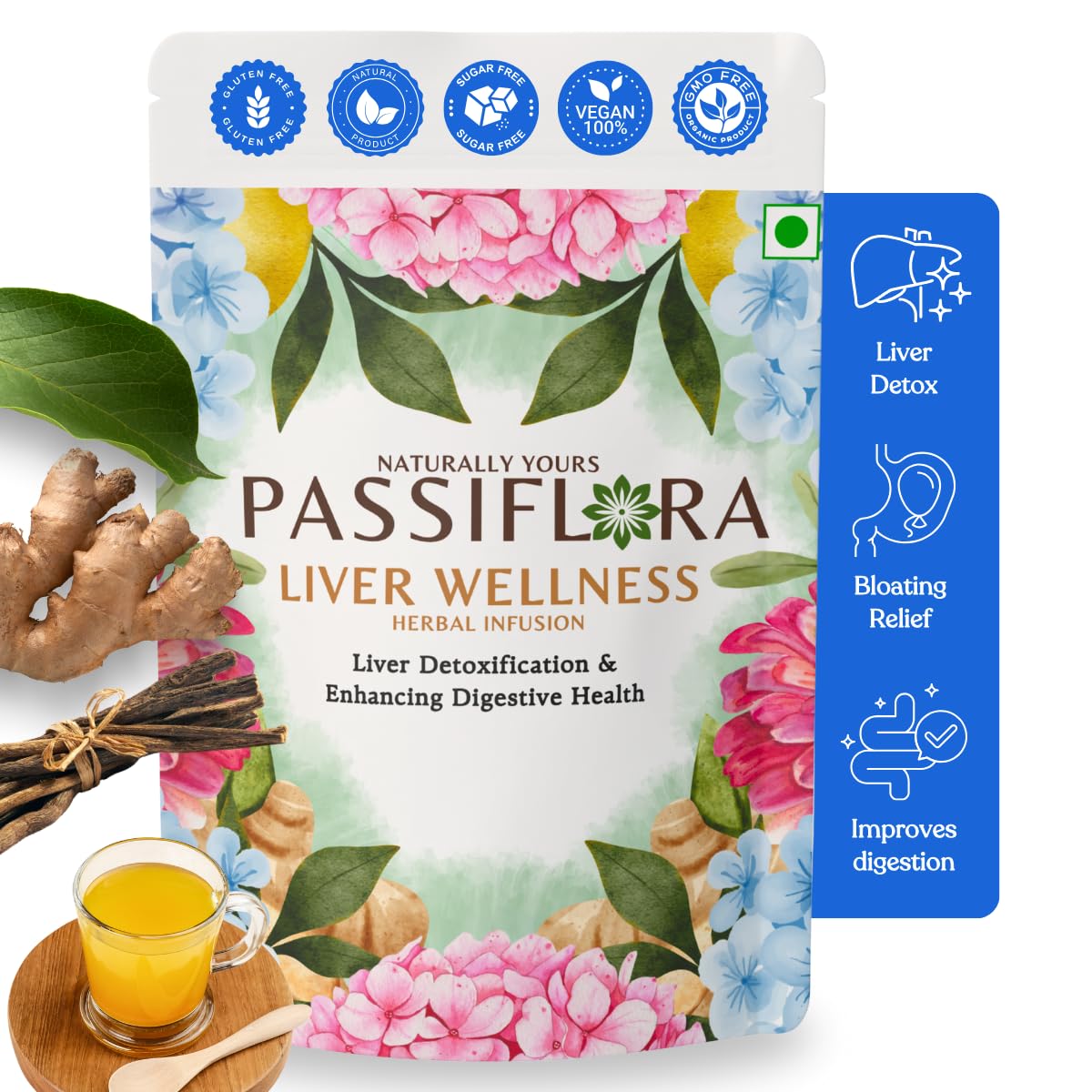 Пассифлора для здоровья печени, сублимированный травяной чай | Чайная смесь для детоксикации печени и поддержки пищеварения | Расторопша, Одуванчик, Куркума и Имбирь