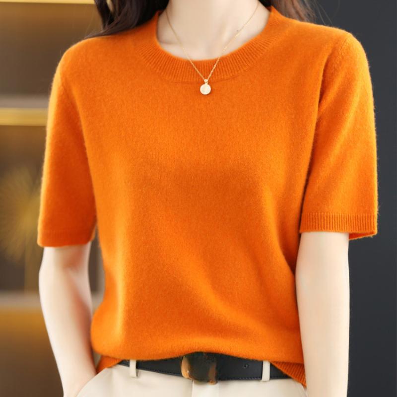 Women's Spring and Summer Short-sleeved Women O-neck Slim Pullover Vest T-shirt Knitted Base Sweater