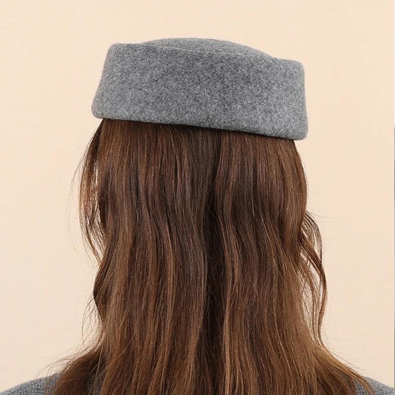 Autumn Winter British-Style V-Diamond Flat-Top Fedoras Retro Solid-Color Premium-Feel Beret Versatile Stewardess Hat Pillbox Hat