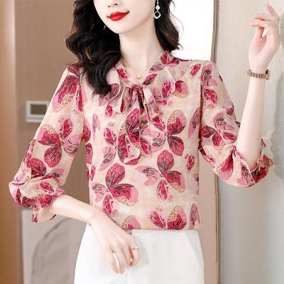 Frühling/Sommer, Chiffon-Hemd mit sieben Viertelärmeln für Frauen, Fliege, altersreduzierendes Oberteil, bedrucktes Hemd, Blusen & Hemden