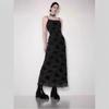 Chic French Black Print Camisole Dress: Elegant Waist-Cinching Design for a Slimming, Sophisticated Look.
