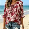 Wine Red White Floral Print Tie V Neck Blouse, Ruffled 3/4 Sleeve Loose Lightweight Shirt, Women Casual Daily Vacation Boho Top