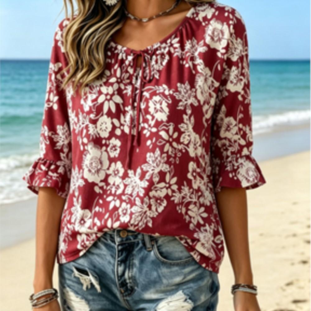Wine Red White Floral Print Tie V Neck Blouse, Ruffled 3/4 Sleeve Loose Lightweight Shirt, Women Casual Daily Vacation Boho Top