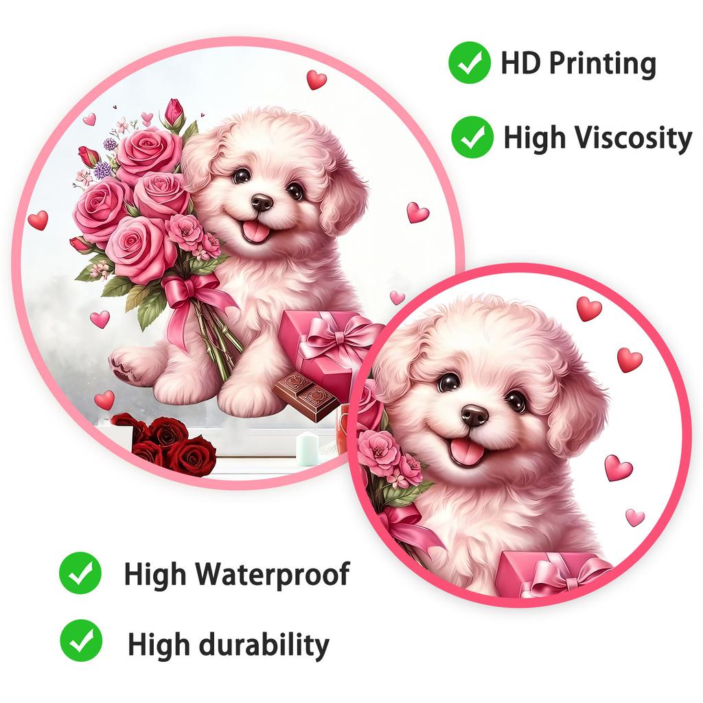 Dog Holding Flowers and Hearts Static Cling Window Stickers No Glue Needed for Bedroom Living Room Balcony Removable Reusable