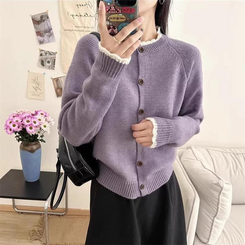 

Нежный стиль, свитер с круглым вырезом из кружева с цветовыми блоками, новая свободная, милая и молодежная вязаная куртка-кардиган для женщин на осень и зиму One Size фиолетовый