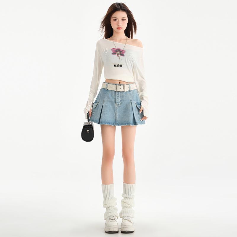 

2025 Summer Women s Light Blue Pleated Denim Mini Skirt - High-Waisted, Hip-Hugging A-Line Workwear XL синий/серый
