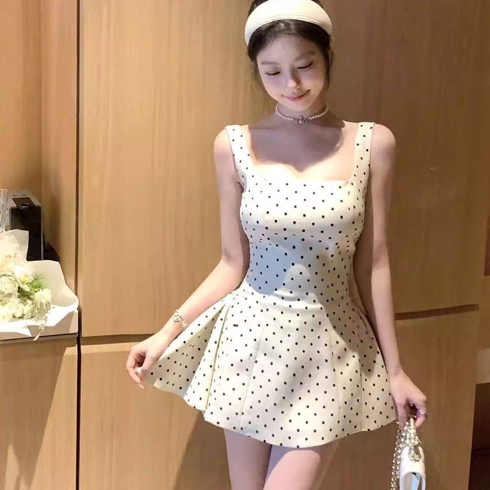 Sweet Spice Girl Pure Desire Dress French Temperament Summer Apricot Polka Dots Seaside Vacation Skinny A-Word Short Skirt