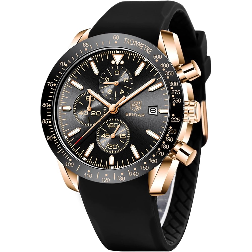 Benyar Men s Analog Chronograph Watch 30M Water Resistant Leather Band Black Gold
