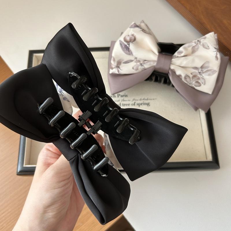 1pc Korean retro style ink style printed bow, grab clip, new Chinese satin, hair grab, back of the head shark clip, female