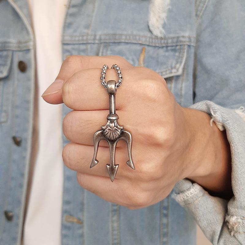 Vintage Neptun Poseidon Dreizack Anhänger Edelstahl Antikes Griechenland Amulett Halskette Herren Schmuck Geschenk für Seemann