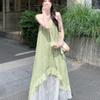 French 2026 printed chiffon summer splicing new seaside suspender holiday temperament irregular medium and long dress