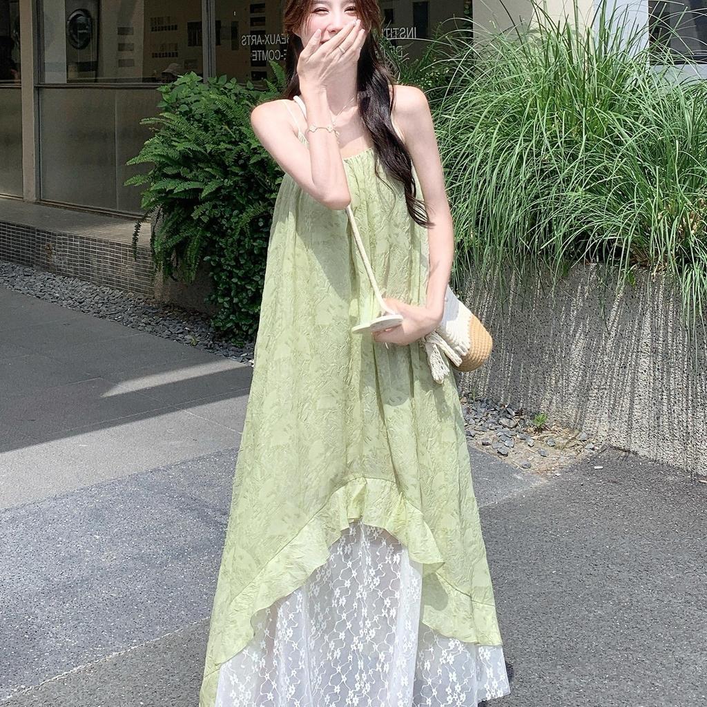 French 2026 printed chiffon summer splicing new seaside suspender holiday temperament irregular medium and long dress
