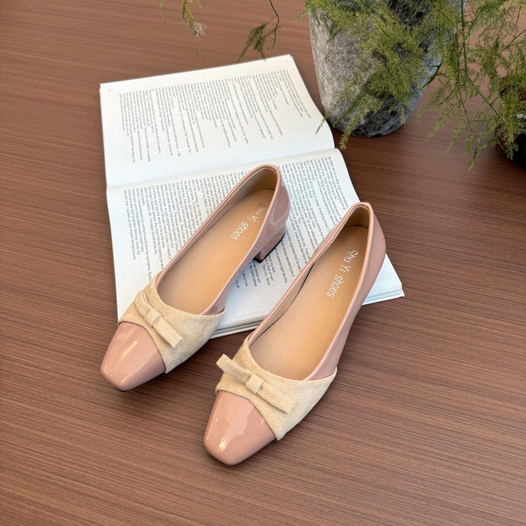 Gentle bow thick heel single shoes women's new square head color matching grandma ladyshoes