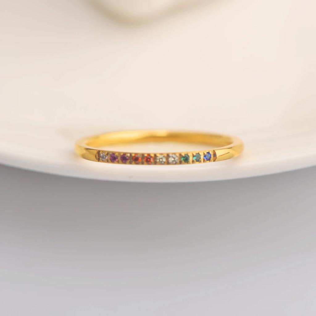 European American Romantic Ins Style Stainless Steel Gold-color Plated Zircon Gemstone Ring for Unisex Anniversary