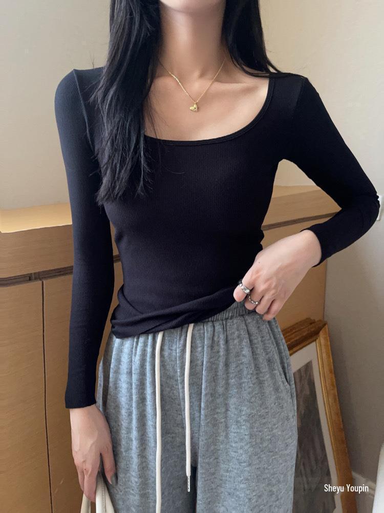 Korean Style Slim Fit Square Neck Brushed Velvet T-Shirt with Chest Pads for Autumn and Winter