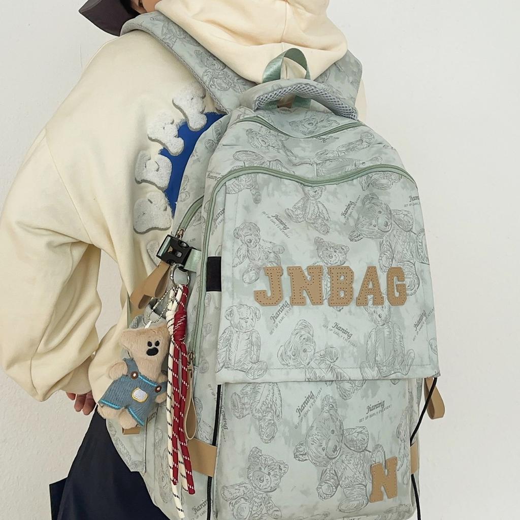 Schoolbag American Retro Bear Printed Schoolbag for Female Junior High School Students and Male High School Students To Reduce the Burden