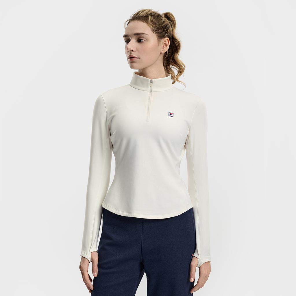 Fila Tennis Fleece Warm Fashion Classic Simple Casual Sports Training Tennis Versatile Half-Zip Slim Knit Long Sleeve T-Shirt Women Tops A11W613201FWT