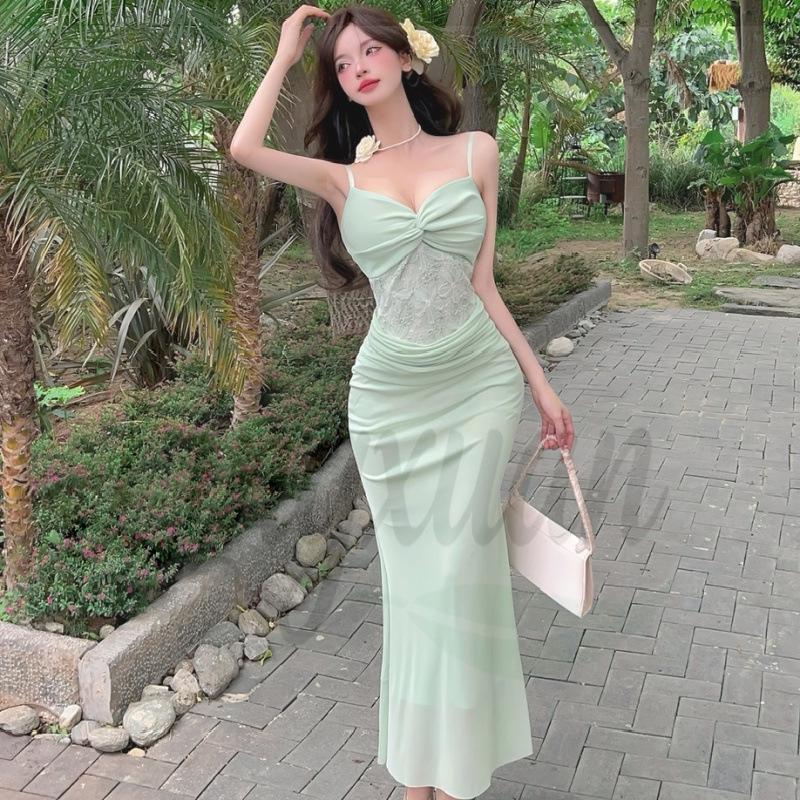 Elegant Noblewoman Mesh Splicing Camisole Dress - Sexy, Hip-Hugging Long Dress with Mature, Pure Desire Style