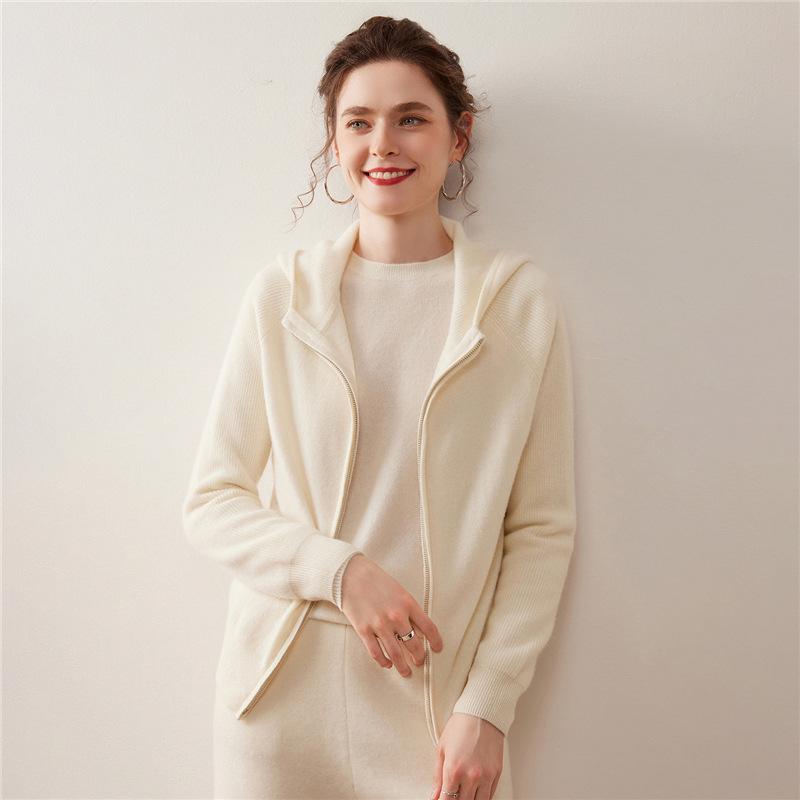 Felpa con cappuccio da donna in maglia di cashmere con zip - Morbida, delicata sulla pelle, spessa, cardigan tinta unita per Autunno/Inverno