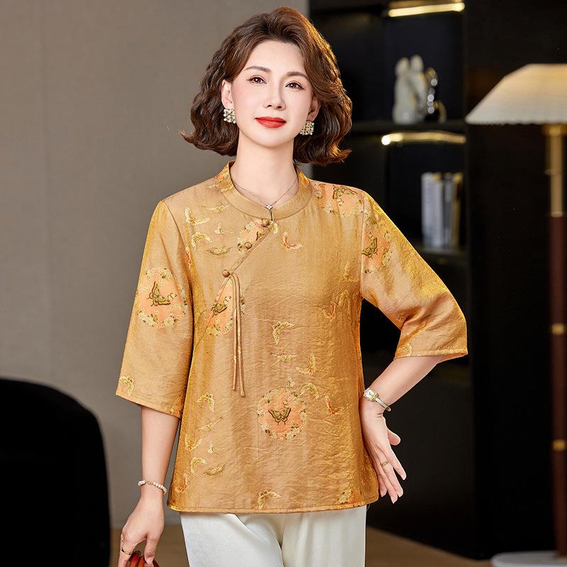 

Elegant Summer Floral Stand Collar Shirt for Middle-Aged Women XL [80-95 Jin] жёлтый