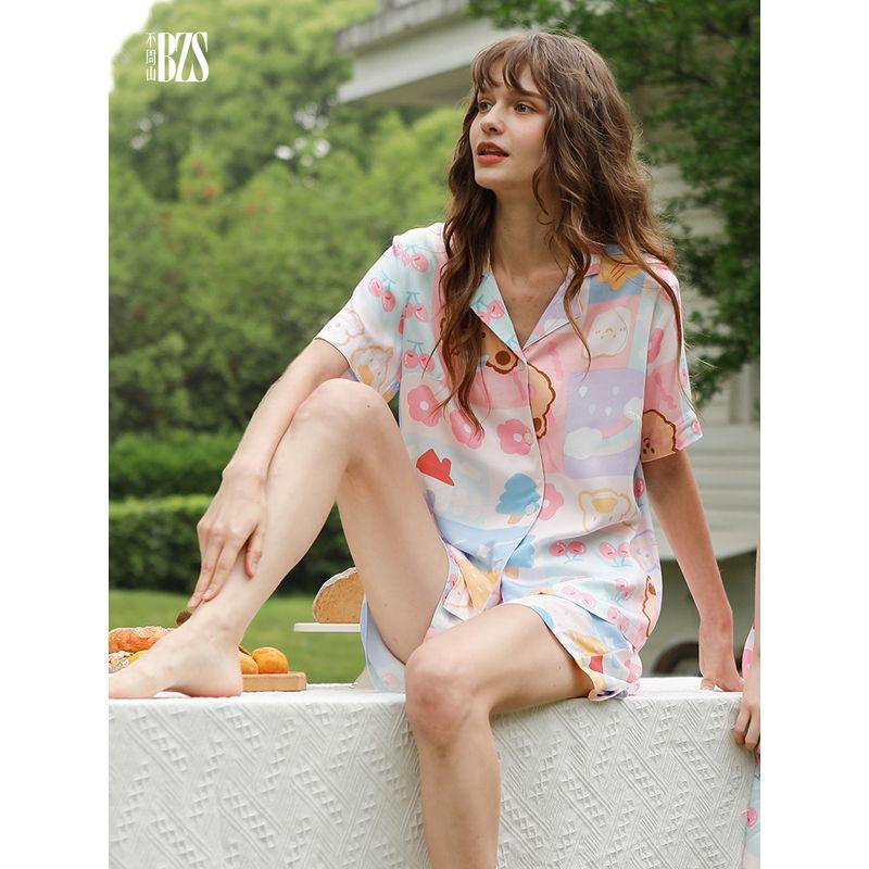 Girls' Spring and Summer Autumn Casual Loose Sweet Cute Outer Wear Homewear Cardigan Short sleeve Trousers Pajamas Set