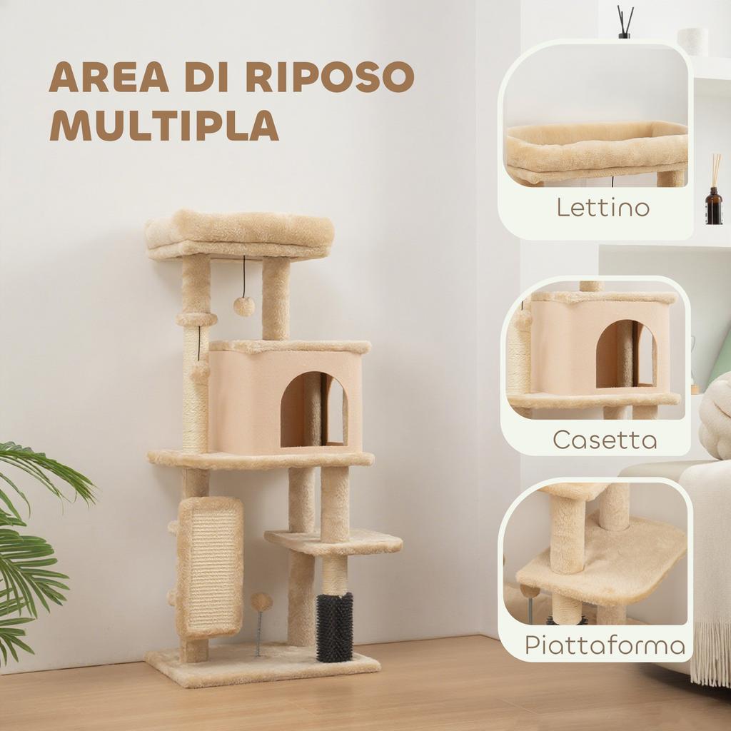 132cm Multi-Level Cat Tree with House, Bed, Scratching Posts, Brush and Ball, Beige