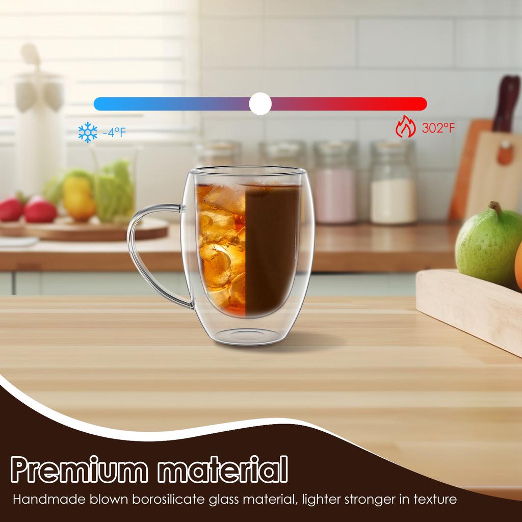 Glass Coffee Mug 12oz Double Wall Glass Coffee Cup with Handle Set of 4 Insulated Mug Milk Tea Latte Espresso Cup Water Cup