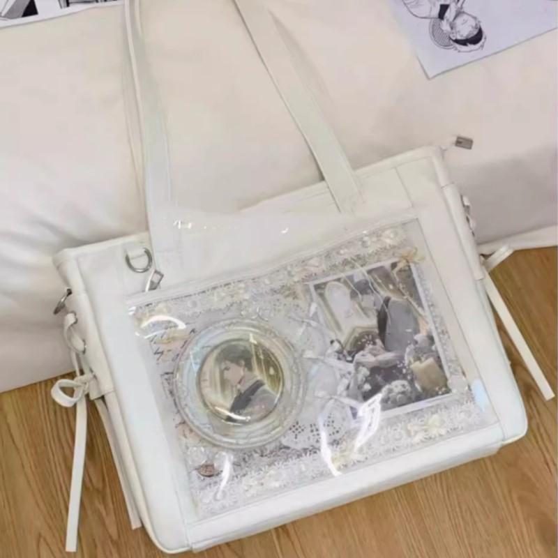 JIAERDI Harajuku Sweet Cute Bow Tote Bag Women Square Large Capacity Transparent Shoulder Bag Ladies Everyday Anime Ita Bag 2025