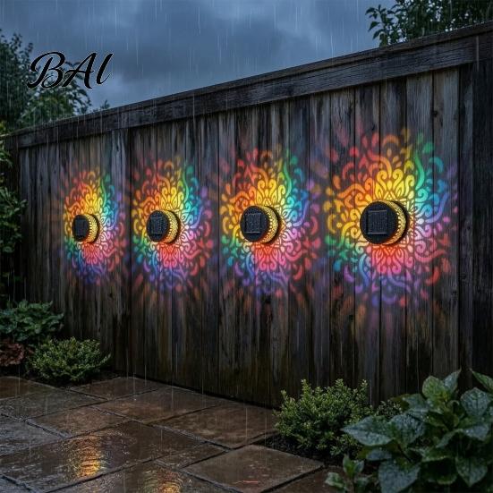 Outdoor Solar Fence Light Wall Light, 7 Color Changing Metal Lamp with Ambient Sconce Projection, Waterproof Garden for Yard Patio Column Decor Energy