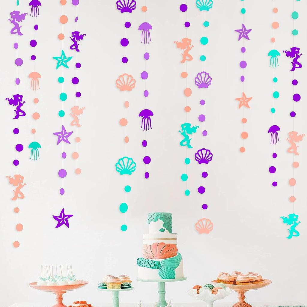 40 Ft Iridescent Mermaid Garland with Jellyfish Seashell Starfish Pearl Holographic Paper Streamer for Little Mermaid Rainbow Theme Birthday