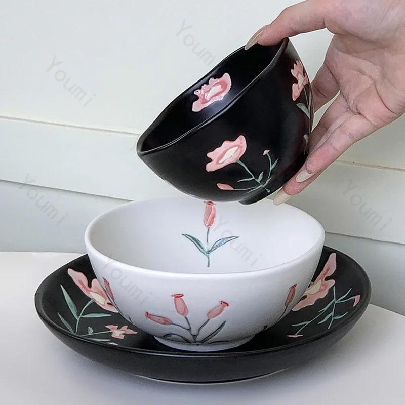 Retro Blumen Schwarz Weiß Keramik Teller High-End-Restaurant Köstliche Steak Platte Exquisite Home Reis Schalen Einzigartige Geschirr