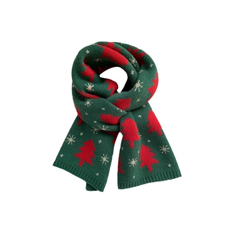 Red Christmas Tree Knitted Scarf Female Autumn and Winter Warm Green Wool Student Couple Christmas Gift Scarf Versatile