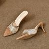 Fashionable Versatile High Heel Slippers Pointed Toe Rhinestone Decorated One-piece Strap Sandals Casual Elegant Ladies Shoes