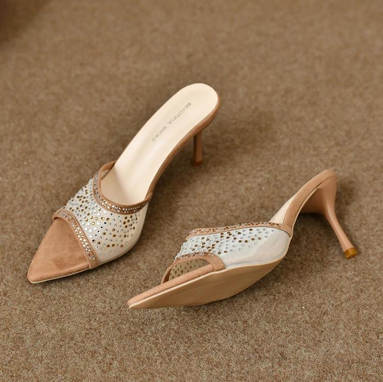Fashionable Versatile High Heel Slippers Pointed Toe Rhinestone Decorated One-piece Strap Sandals Casual Elegant Ladies Shoes