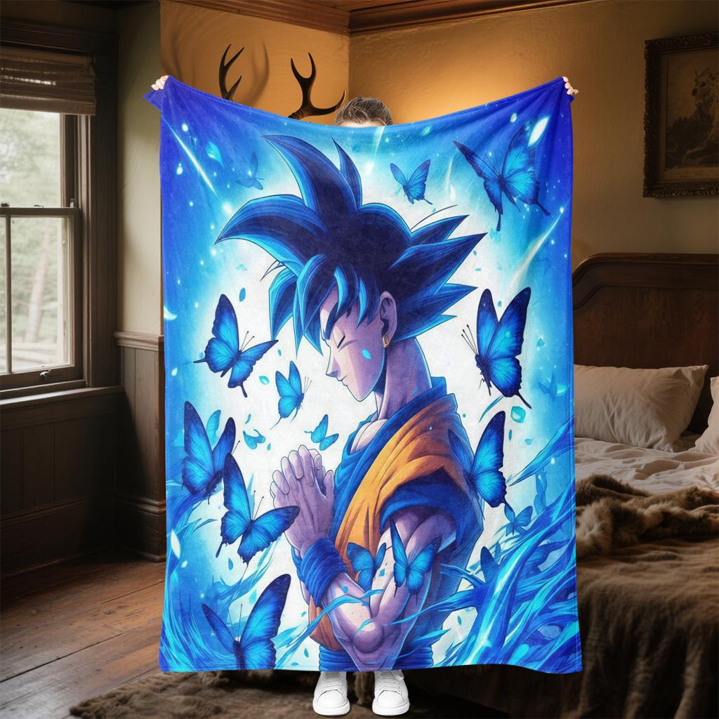 1pz Coperta in Flanella con Stampa Son Goku, Alta Qualità per Tutte le Stagioni, Decorazione per la Casa, Calore e Comfort, Perfetta per Regali di Natale