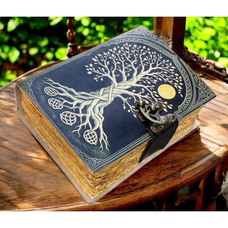400 Page Large Grimoire Leather Journal, Print Tree of Life Journal, Blank Spell Book Book of Shadows Leather Celestial Gifts For Him Her.