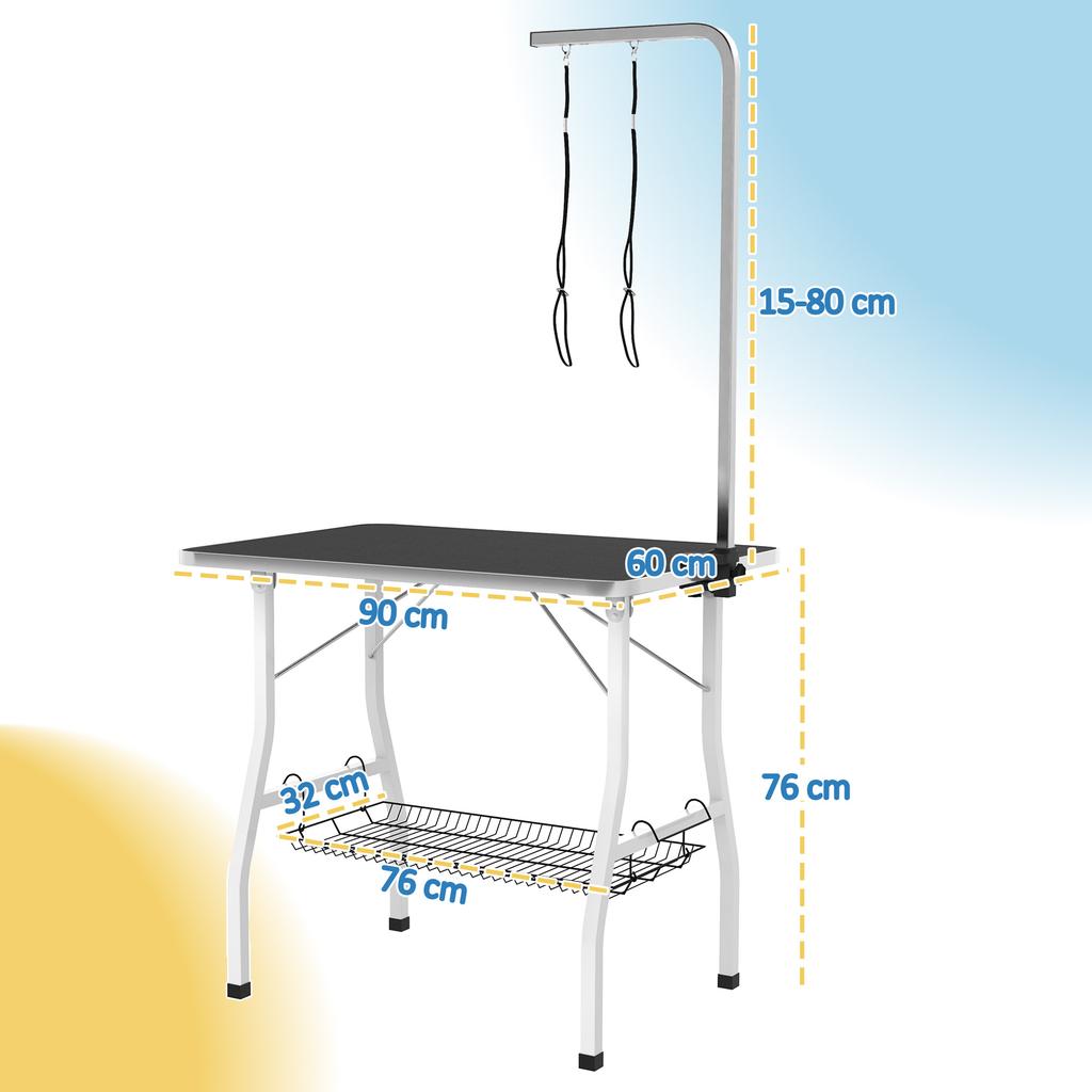 Dog Grooming Table, Grooming Table with Adjustable Arm, Storage Compartment, Rubber Surface, 90 x 60 x 76 cm, Black